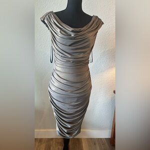Cache Shimmering Silver and gold, jeweled, draping evening Dress